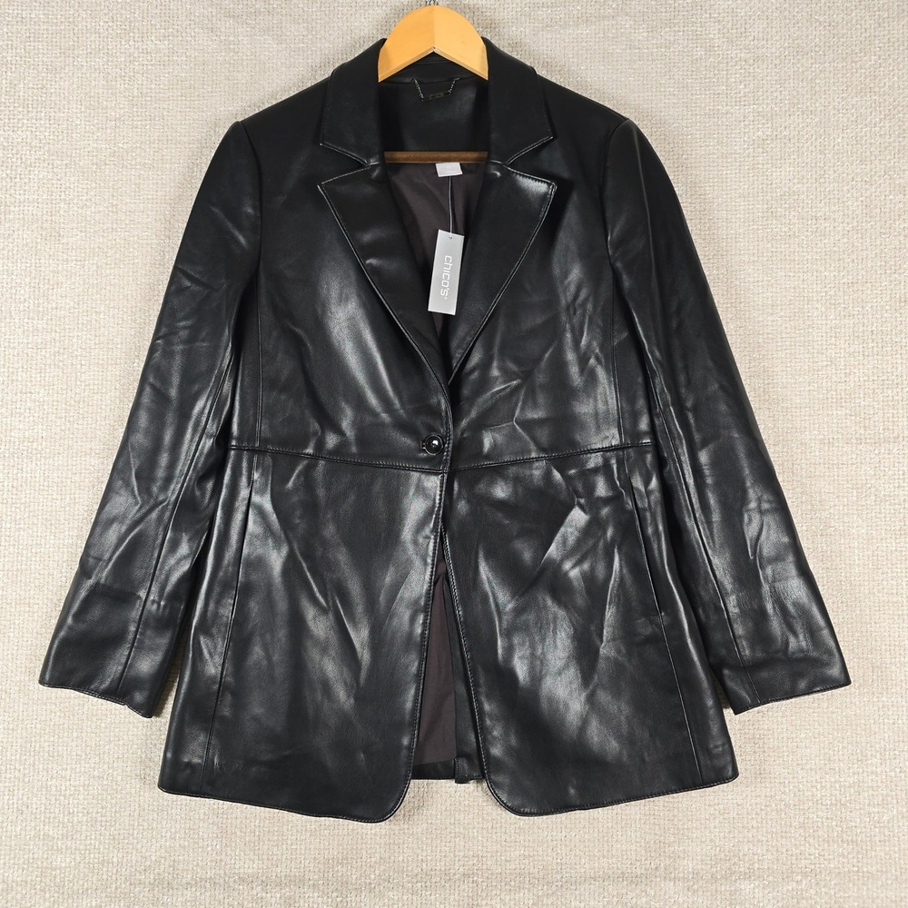 NWT Chico's Black Faux Leather Blazer Jacket Size 0 (US 4/6) Single Button New